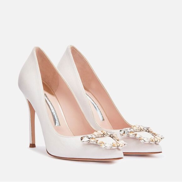 Sophia Webster Margaux Embellished Pointed Toe Pumps in Ivory Satin, New,Size 38